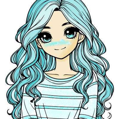 realistic girl with long, wavy hair and cute shirt