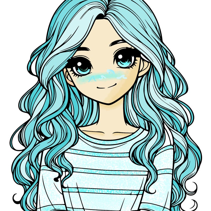 realistic girl with long, wavy hair and cute shirt