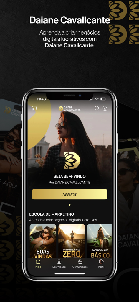 Interface de l'application Daiane Cavallcante 2.0 affichant les modules de cours de marketing digital sur un téléphone portable