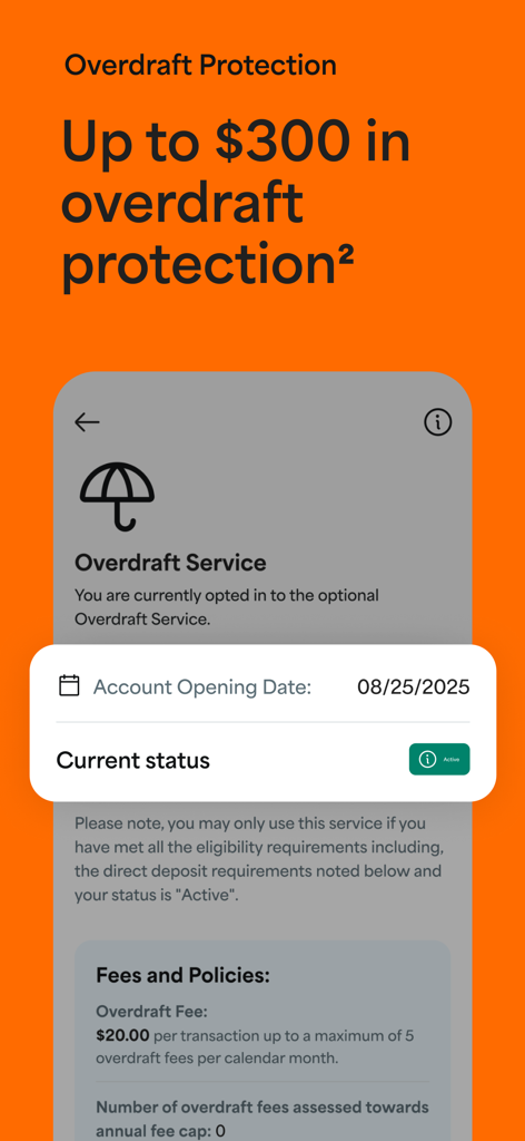 Netspend - Netspendのモバイルアプリインターフェースには、最大300ドルの残高不足保護の詳細とアクティブなステータスが表示されています