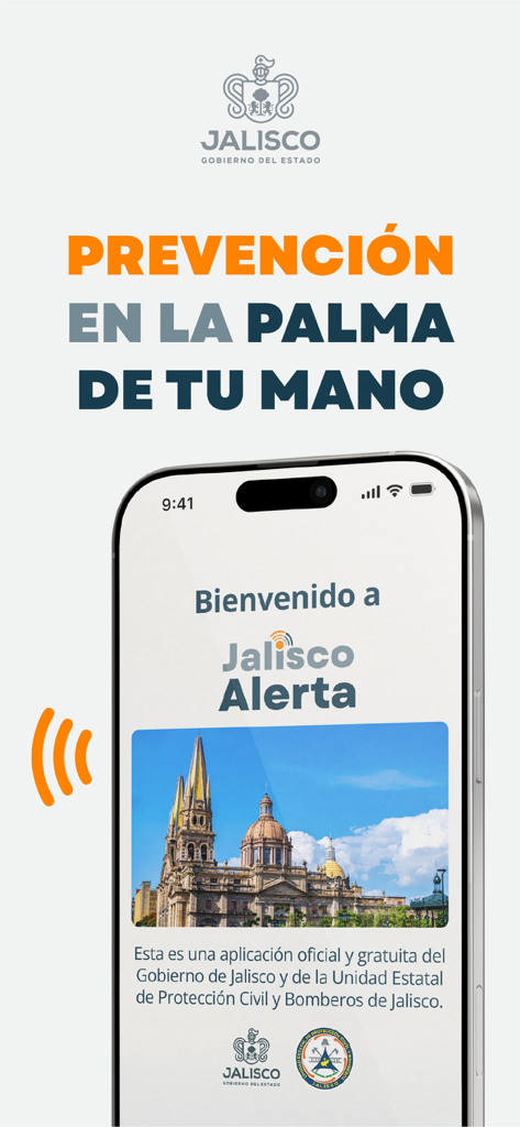 グアダラハラ大聖堂と政府のロゴが特徴のハリスコ・アレルタ緊急通知アプリの公式ホーム画面