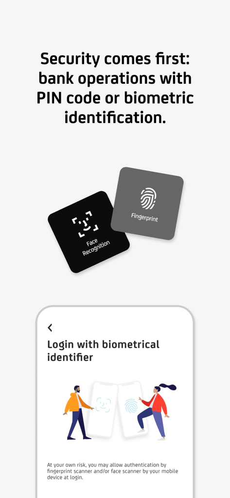 UniCredit mBanking - UniCredit mBanking security screen showing biometric login options for face recognition and fingerprint identification