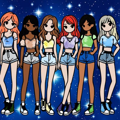 a group of girls wearing crop tops and shorts