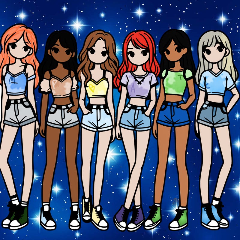 a group of girls wearing crop tops and shorts