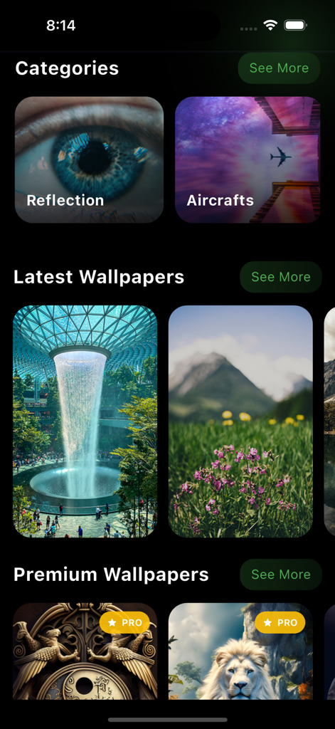 Interface de l'application Video To Live Wallpaper montrant des catégories comme avions de réflexion et fonds d'écran premium