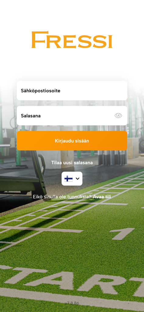 Login screen for the Fressi coaching app with Finnish language text fields