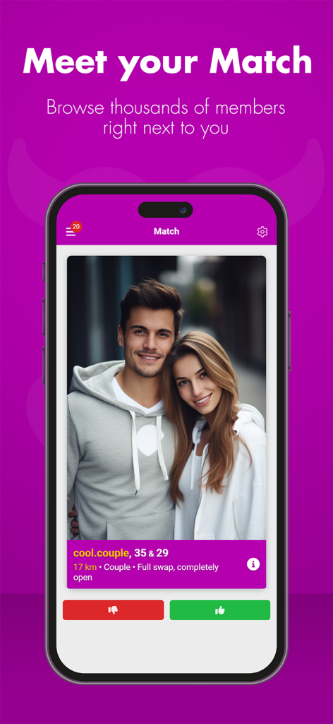 SpicyMatch - Interfaccia dell'app SpicyMatch che visualizza il profilo di una coppia con opzioni per mettere mi piace o non mi piace.