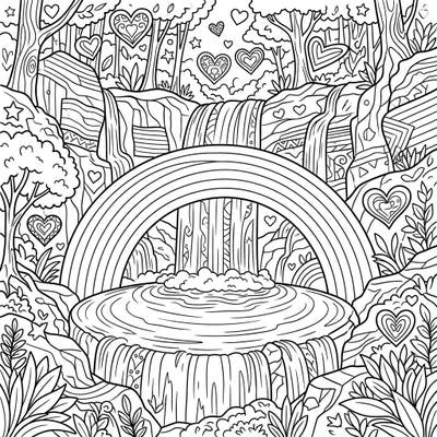 Immerse yourself in the beauty of nature and celebration with this unique Punchbowl Waterfall coloring page. Adorned with a vibrant rainbow and subtle symbols of love, it's perfect for expressing your creativity during Pride Month.