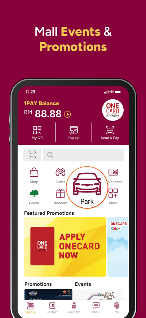 1 Utama SuperApp - 1 Utama SuperApp home screen interface showing 1PAY balance mall promotions and parking features