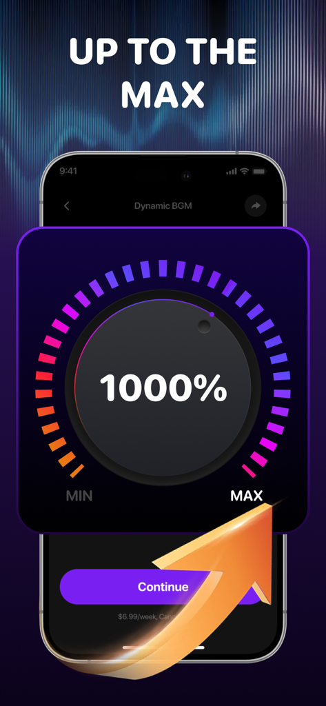 Up Volume Booster: Bass Boost - Up Volume Booster app interface showing a 1000 percent volume dial and a Continue button