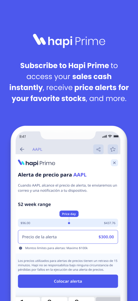 Hapi: Invest in U.S. Stocks - Características de la suscripción Hapi Prime que muestran una alerta de precio de acciones de Apple en español