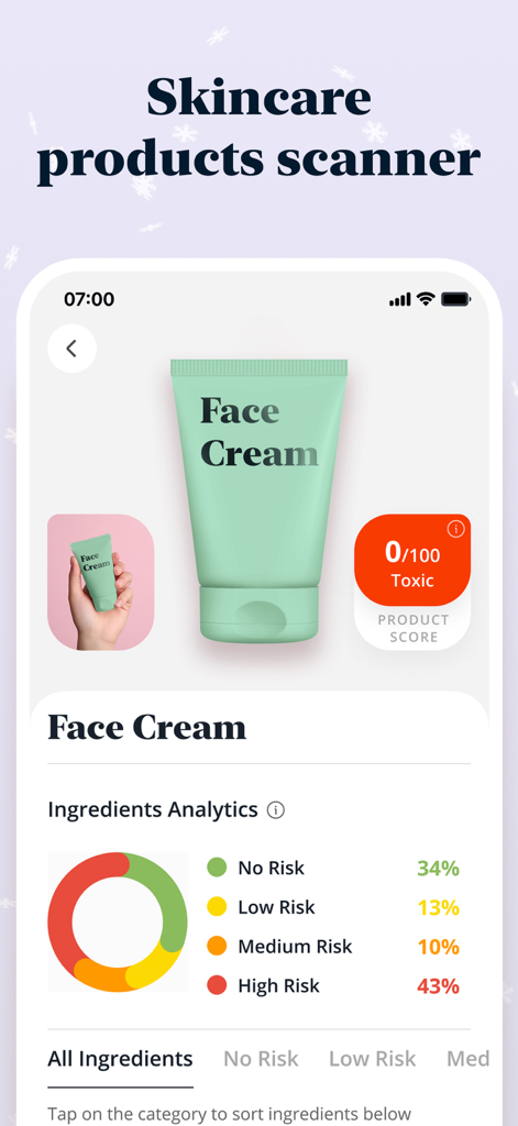 Pantalla de la app Luvly mostrando escaneo de productos de cuidado de la piel con análisis de riesgo de ingredientes y puntuación de toxicidad.