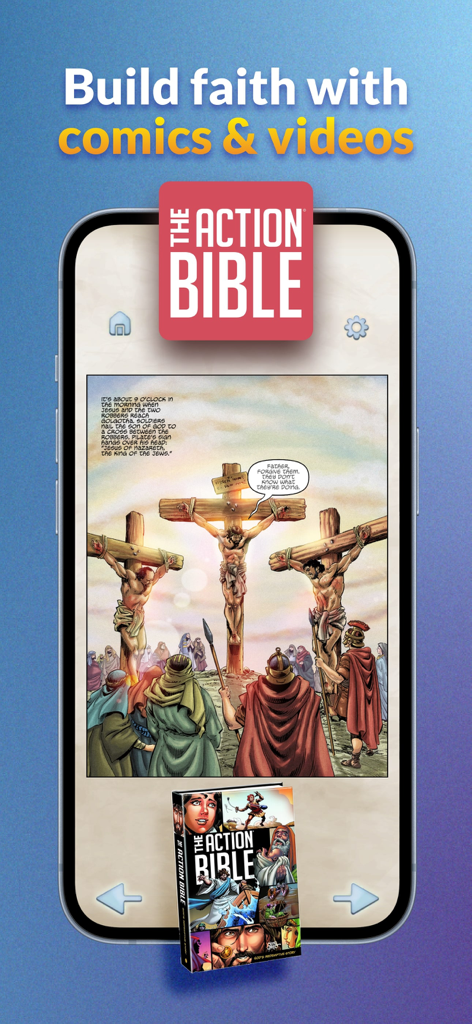 TruPlay Christian Games - The Action Bible digital comic page shown on a smartphone within the TruPlay app