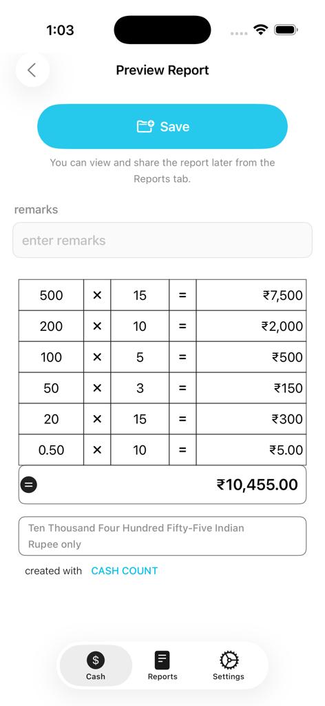 Cash Count –  Cash Calculator - 현금 계산기 앱에서 단위와 총 합계가 표시된 현금 계산 보고서 요약 미리 보기