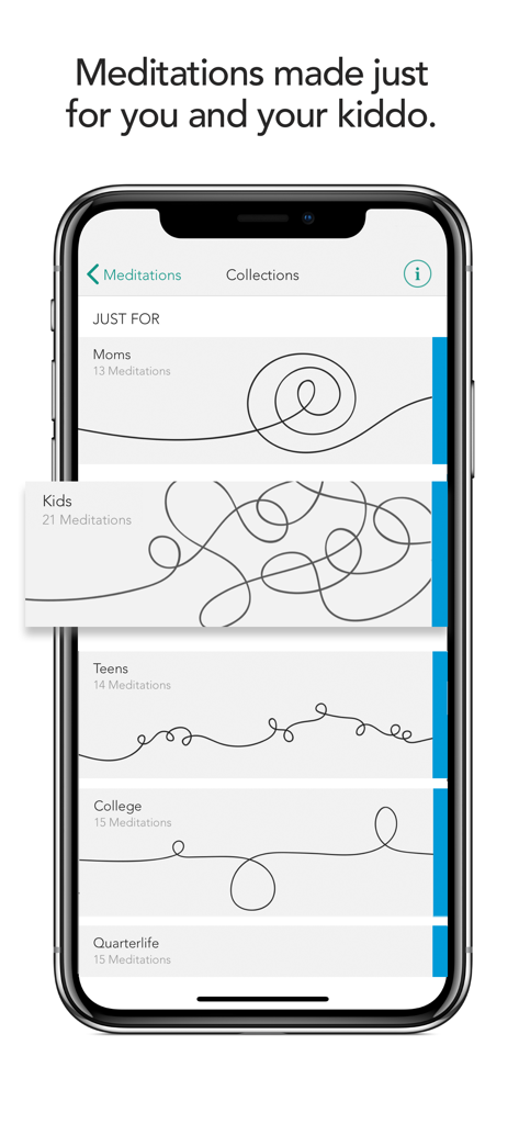 Meditation Studio app displaying specialized meditation collections for moms kids and teens