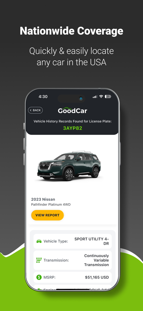 GOODCAR: Vehicle History Check - GoodCar app interface showing vehicle specifications and history for a Nissan Pathfinder using license plate lookup.