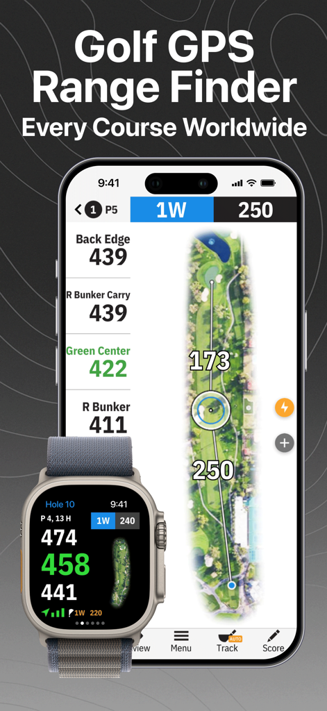 Golfshot GPS range finder app showing course distances on iPhone and Apple Watch