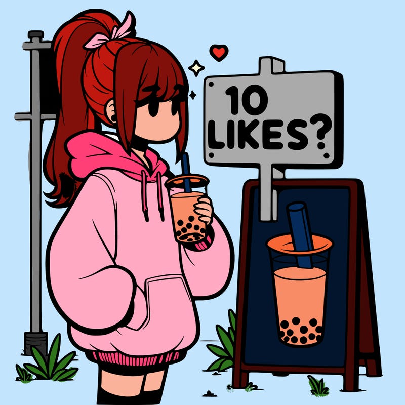 girl with oversized hoodie drinking boba and she has a high ponytail with a sign that says 10likes?