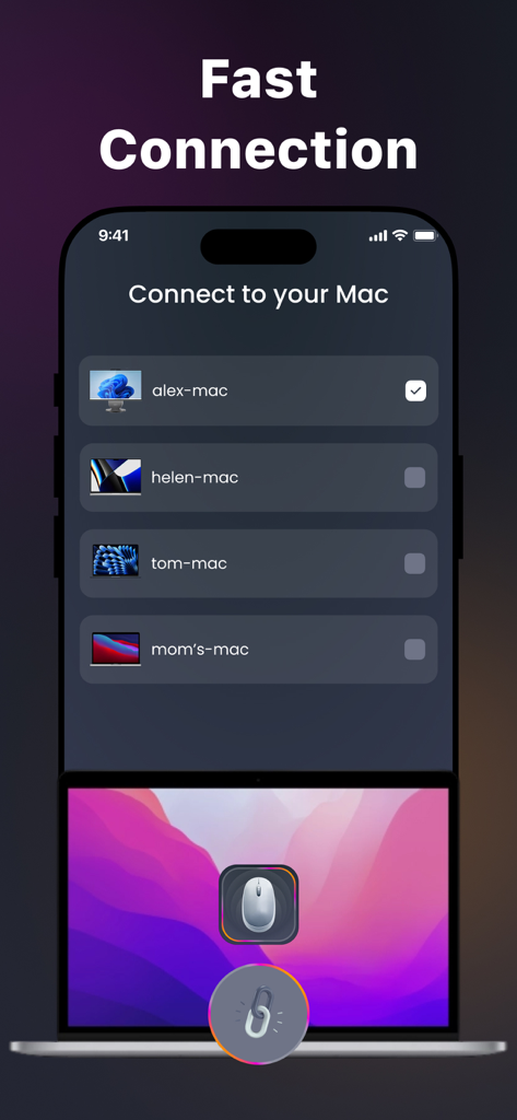 Remote Mouse & Keyboard - iPhone screen showing the fast connection menu with a list of available Mac computers to connect as a wireless mouse