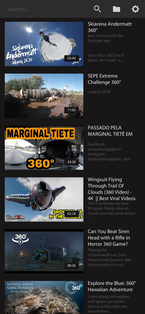 GizmoVR Lite: 360 Video & Tube - Interfaz de la aplicación GizmoVR Lite mostrando una lista de miniaturas de contenido de video de 360 grados
