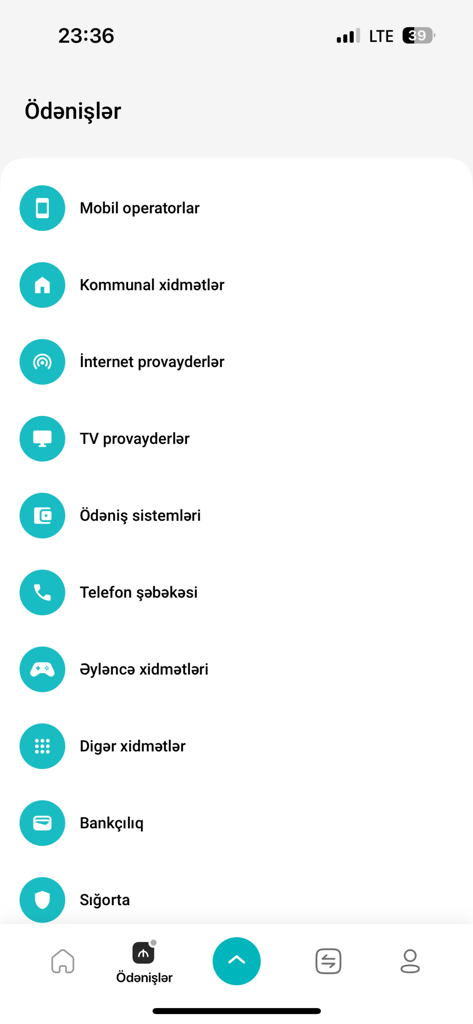 Screenshot of the PulPal Wallet app payment categories menu including utilities and mobile operators