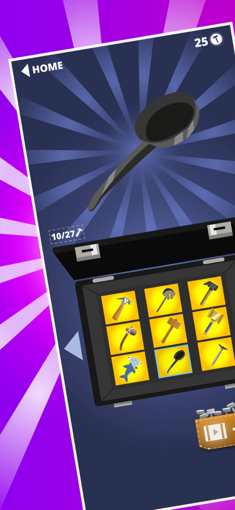 Hammer & Nail - Carpenter Hero - A menu screen in the Hammer and Nail game displaying a collection of unlockable tool skins like a frying pan and axe