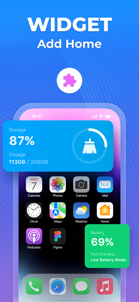 HyperClean - Phone Cleaner - Pantalla de inicio del iPhone con widgets de estado de almacenamiento y batería de HyperClean