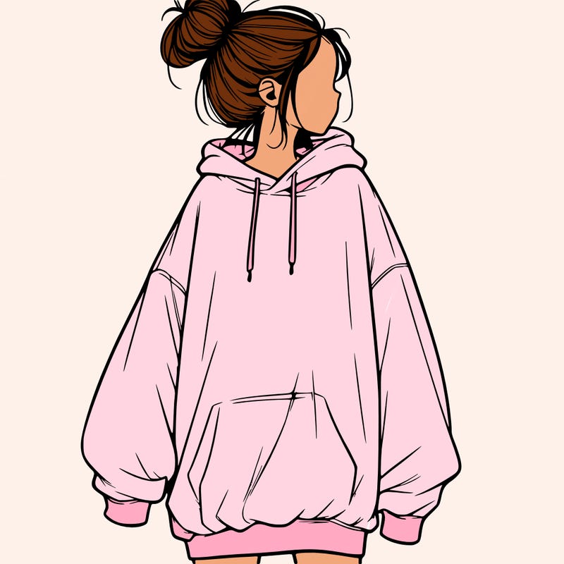 realistic girl with a oversized sweatshirt on and a bun