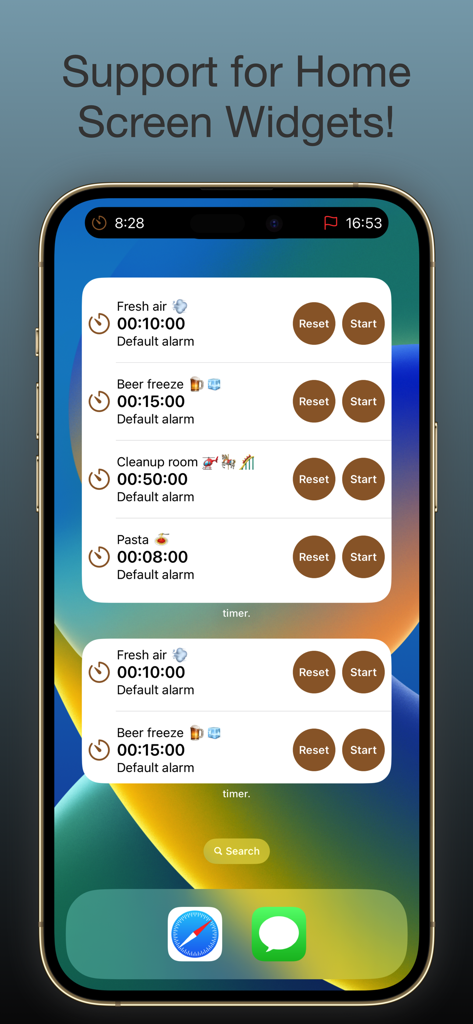 timer. - Multi Countdown Timer - iPhone home screen displaying multiple countdown timer widgets for tasks like cooking and cleaning