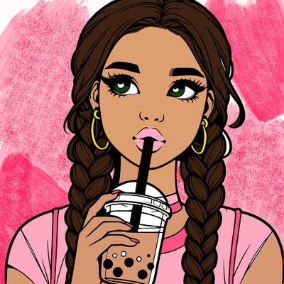 realistic girl with braided hair drinking boba