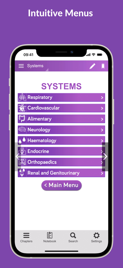 Neonatal Guide - Neonatal Guide app screenshot displaying the medical systems menu including respiratory and neurology