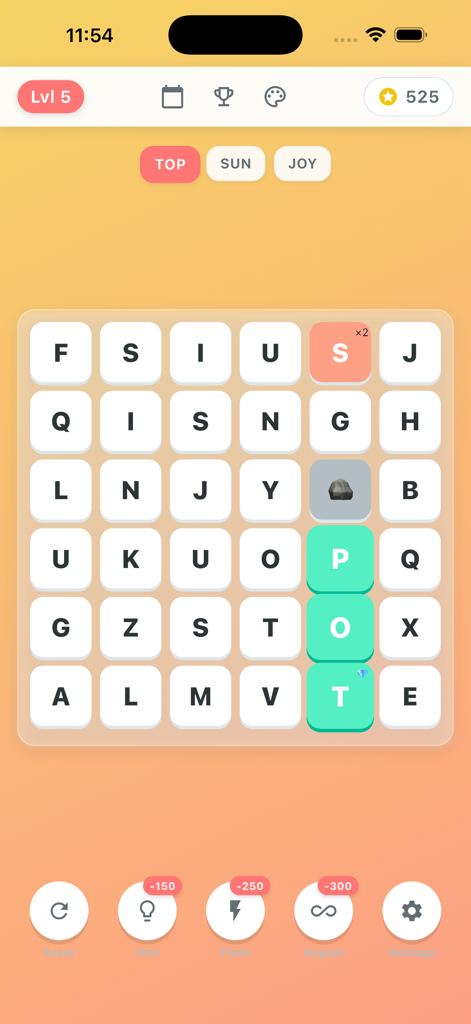 A letter grid from Word Search Link showing the word TOP highlighted in a zen-themed interface with stone hazards and power-up buttons.