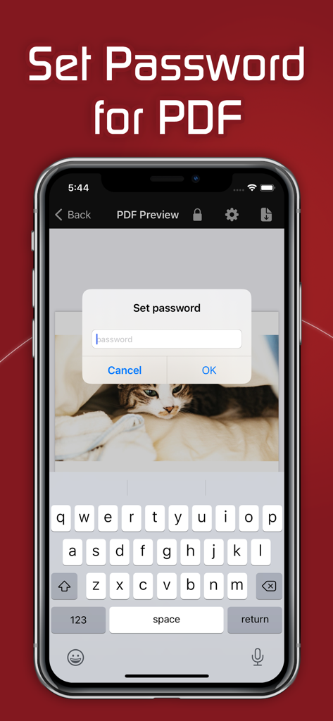 Interfaccia dell'app mobile che mostra una finestra di dialogo di inserimento password per proteggere un documento PDF