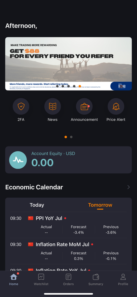 NOVA trading app home screen showing account equity and economic calendar