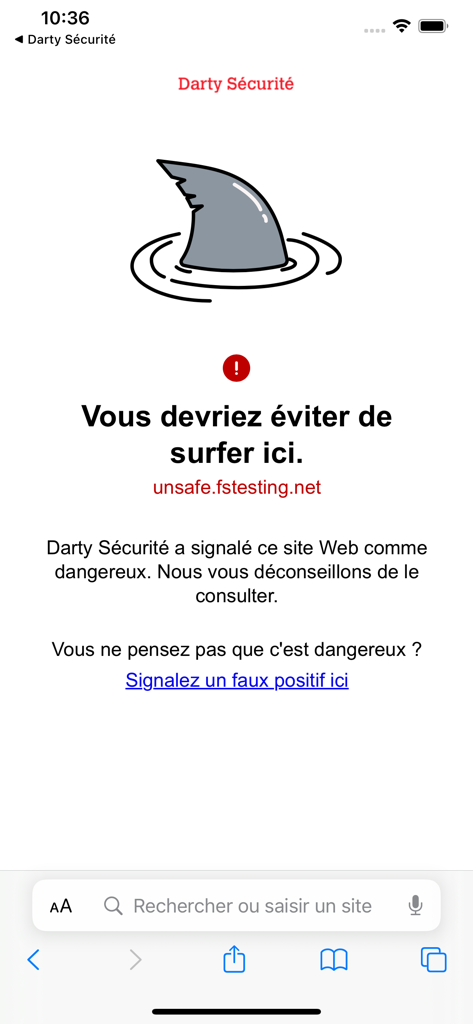 Pantalla de advertencia de la aplicación Darty Securite que muestra una alerta de sitio web peligroso con un ícono de aleta de tiburón