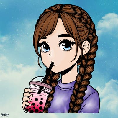 realistic girl with braided hair drinking boba