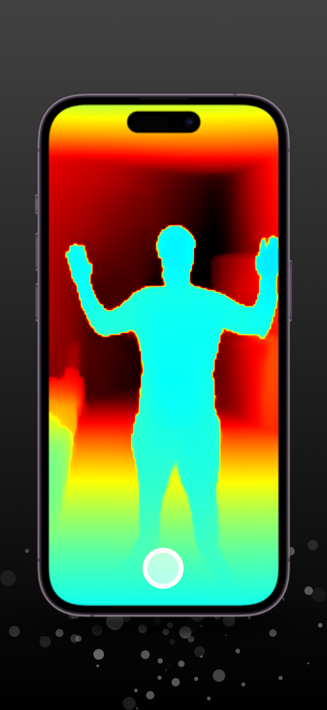 Una pantalla de smartphone muestra una silueta humana cian en un mapa de profundidad LiDAR colorido