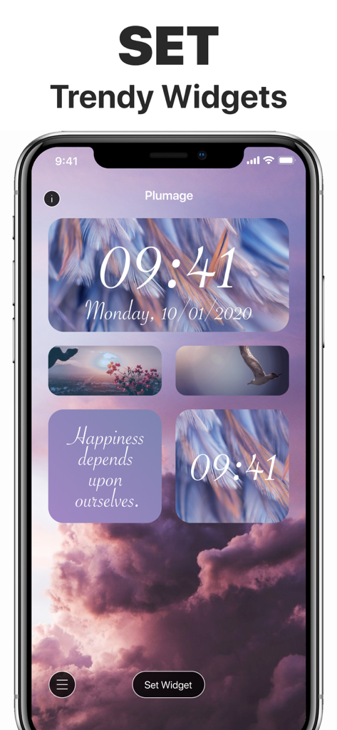 Una pantalla de inicio de iPhone personalizada con widgets de reloj estético y citas motivacionales del tema Plumage
