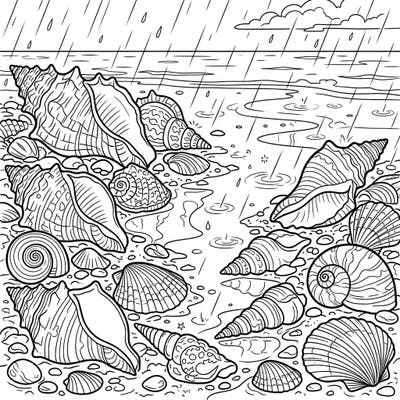 Immerse yourself in a serene rainy day at the beach with this delightful coloring page. Explore an abundance of beautifully detailed seashells scattered along the wet sand, perfect for a relaxing creative escape.