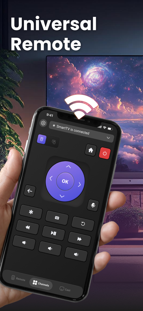 Universal Control TV Remote - Eine Person hält ein Smartphone mit der Benutzeroberfläche der universellen TV-Fernbedienungs-App, die mit einem Smart-Fernseher verbunden ist