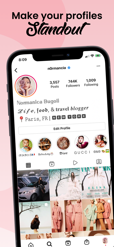 Fonts: Aesthetic Font Keyboard - An iPhone displaying an Instagram profile with bio and highlights customized using aesthetic fonts and symbols.