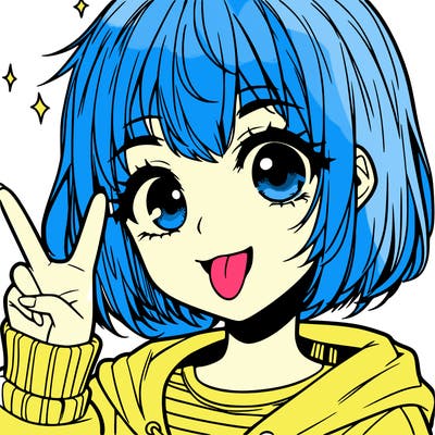 anime girl with short hair, freckles, doing peace sign while sticking her tongue out