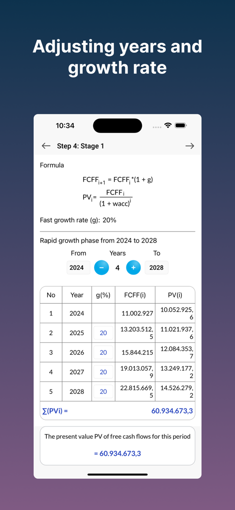 Interfaz para ajustar años y tasa de crecimiento en la aplicación DCF Valuation con tabla de flujo de caja y fórmulas