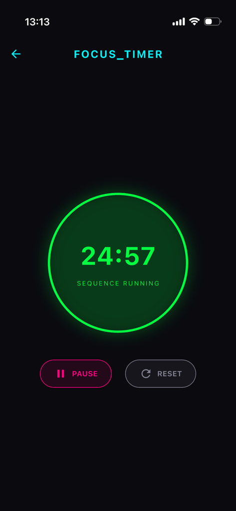 Cyber Deck - System Console - Cyber Deck focus timer screen featuring a neon green circular countdown on a dark background