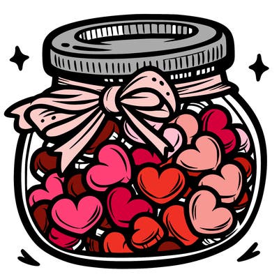 a jar filled with heart-shaped candies and a ribbon around the neck.