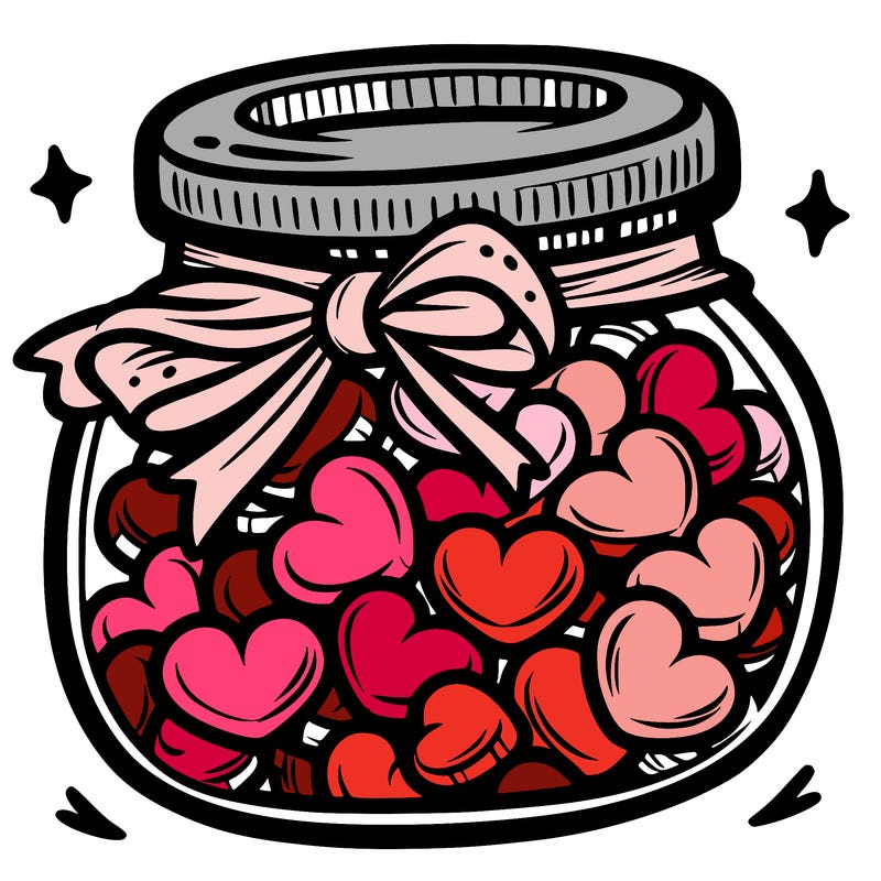 a jar filled with heart-shaped candies and a ribbon around the neck.