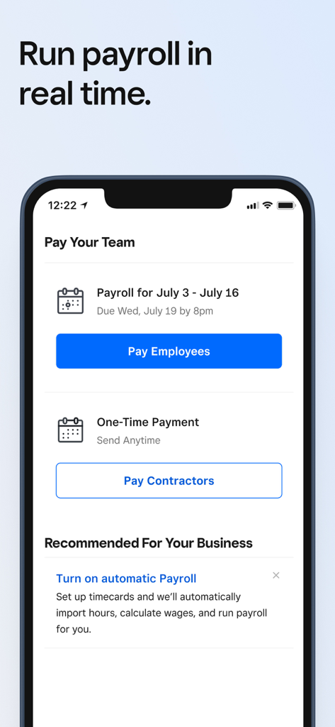 Square - Dashboard for POS - Square Dashboard mobile app screen showing options to pay employees and contractors in real time