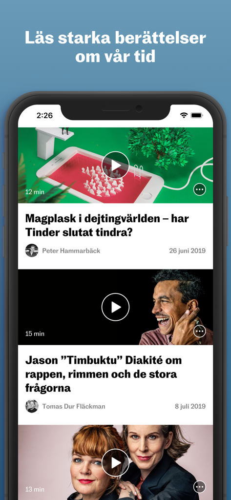 Vi - A smartphone screen displaying the Vi app news feed with cultural stories and audio play buttons.