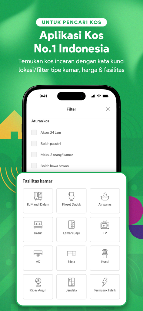 Mamikos mobile app screenshot showing boarding house search filters and room facility icons