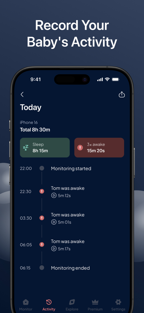 Baby Monitor Camera: Cry Alarm - Tela do smartphone exibindo um log de atividades detalhado dos padrões de sono e vigília de um bebê gravados pelo aplicativo monitor